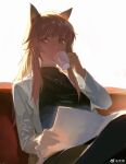  1girl animal_ears bangs brown_hair cat_ears coat cup drinking girls&#039;_frontline girls&#039;_frontline_neural_cloud holding holding_cup holding_paper labcoat long_hair looking_at_viewer noland paper persicaria_(girls&#039;_frontline_nc) pink_eyes sidelocks sitting solo source_request sweater weibo_username white_coat 