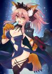  1girl animal_ear_fluff animal_ears animal_feet animal_hands artist_name artoria_pendragon_(alter_swimsuit_rider)_(fate) artoria_pendragon_(fate) bangs black_bow black_coat black_headwear black_legwear black_ribbon blue_background blue_dress blurry blurry_foreground bow breasts cat_paws choker claws cleavage coat commentary_request dress eating eyebrows_visible_through_hair fangs fate/grand_order fate_(series) food foot_out_of_frame fox_ears fox_girl gun hair_between_eyes hair_bow handgun headdress holding holding_food holding_gun holding_weapon large_breasts leaning_forward light_blush light_particles light_rays long_hair looking_at_viewer melting navel no_tail open_mouth overcoat pink_hair pointing_weapon ponytail popsicle revealing_clothes ribbon sato_ame sidelocks signature smile solo standing standing_on_one_leg tamamo_(fate) tamamo_cat_(fate) thighhighs tongue trench_coat weapon yellow_eyes 