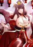  1girl akagi_(azur_lane) animal_ears azur_lane bare_shoulders breasts brown_hair cleavage curvy eyeliner eyeshadow fox_ears fox_girl fox_tail hachimitsu_hinako hair_ornament japanese_clothes kimono kitsune lantern large_breasts makeup obi official_alternate_costume red_eyes red_nails sash smile tail 