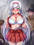  1girl 2boys absurdres blurry blurry_background blush bra breasts brown_eyes cleavage commentary_request commission cowboy_shot embarrassed frilled_bra frills hairband hakama hakama_short_skirt hakama_skirt highres japanese_clothes kantai_collection large_breasts long_hair looking_at_viewer multiple_boys nose_blush open_mouth red_hairband red_hakama shoukaku_(kancolle) skirt solo_focus underwear white_bra white_hair zanntetu 