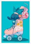  absurdres border candy closed_mouth commentary_request food from_side green_background headband highres lollipop no_humans oddish pink_headband pokemon pokemon_(creature) red_eyes roller_skates saiku_(zvlku) skates smile white_border 