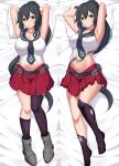  1girl absurdres anchor_symbol black_hair black_legwear black_necktie breasts brown_eyes commission dakimakura_(medium) gloves highres kantai_collection large_breasts long_hair midriff miniskirt navel necktie pleated_skirt ponytail red_skirt sheita shirt sidelocks single_thighhigh skirt sleeveless sleeveless_shirt thighhighs torn_clothes torn_legwear torn_shirt torn_skirt white_gloves white_shirt yahagi_(kancolle) 