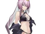  1girl arknights bare_shoulders bikini black_bikini black_jacket breasts cleavage eugle_na hair_ornament hairclip highres jacket jewelry large_breasts lin_yuhsia_(arknights) long_hair long_sleeves looking_at_viewer necklace open_clothes open_jacket parted_lips purple_eyes purple_hair simple_background solo star_(symbol) swimsuit underboob upper_body very_long_hair white_background 