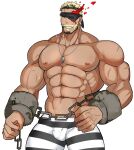  1boy abs balor_(housamo) bara beard black_hair blonde_hair blue_eyes bulge chest_hair covered_penis cowboy_shot cuffs facial_hair flaming_eye handcuffs highres large_pectorals looking_at_viewer male_focus mature_male multicolored_hair muscular muscular_male mustache navel navel_hair nipples pants pectorals prison_clothes prisoner short_hair solo souyata0502 stomach thick_thighs thighs tight tight_pants tokyo_afterschool_summoners topless_male two-tone_hair 