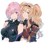  2girls ;) black_hairband black_leotard blonde_hair blue_eyes braid breasts closed_mouth cropped_torso crossover elbow_gloves eyes_visible_through_hair fate/grand_order fate_(series) gauntlets gloves granblue_fantasy hair_intakes hair_over_one_eye hairband hands_on_another&#039;s_shoulders highres leotard long_hair looking_at_viewer mash_kyrielight medium_breasts multiple_girls one_eye_closed pink_hair purple_eyes shimatani_azu shiny shiny_hair short_hair sidelocks simple_background sketch smile upper_body very_long_hair white_background zeta_(granblue_fantasy) 