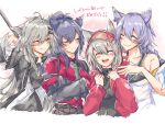  4girls :d ^_^ animal_ears arknights arm_behind_head arm_up bangs bare_shoulders black_jacket black_necktie black_shirt black_skirt blush closed_eyes closed_mouth collared_shirt commentary_request crossed_arms ear_piercing eyebrows_visible_through_hair fang fang_out grey_hair grin hair_between_eyes hair_ornament hairclip highres hood hooded_jacket jacket lappland_(arknights) long_hair long_sleeves mirui multiple_girls necktie off-shoulder_shirt off_shoulder open_clothes open_jacket piercing projekt_red_(arknights) provence_(arknights) purple_hair red_headwear red_jacket red_shirt see-through shirt short_sleeves skirt smile texas_(arknights) translation_request v-shaped_eyebrows very_long_hair visor_cap white_shirt 