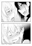  2girls after_kiss blush cheek-to-cheek closed_eyes commentary_request ear_piercing eyebrows_visible_through_hair greyscale half-closed_eyes heads_together heavy_breathing highres monochrome multiple_girls original piercing saliva saliva_trail teeth tongue upper_teeth yui_7 yuri 