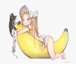  1girl ? abigail_williams_(fate) abigail_williams_(swimsuit_foreigner)_(fate) absurdres animal artist_name barefoot bikini bikini_bottom_only black_cat blonde_hair blue_eyes blush bonnet breast_press breasts cat fate/grand_order fate_(series) full_body highres holding holding_animal long_hair looking_at_animal skoll_world small_breasts solo swimsuit thighs toes topless white_bikini white_headwear 