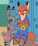  anthro bottomwear bulge canid canine clothed clothing digital_media_(artwork) disney duo fox fur girly gym hi_res jack_savage judyhopps44 kitsune2000 lagomorph leporid male mammal nick_wilde rabbit shorts smile sportswear zootopia 