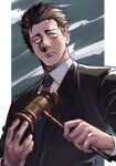 1boy black_hair black_suit blue_necktie character_request copyright_request facing_viewer formal gavel hair_slicked_back highres male_focus necktie simple_background solo standing suit tobo_katsuo upper_body 