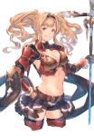  1girl armor belt belt_buckle bikini_armor black_gloves black_hairband black_shorts blonde_hair boots braid breasts brown_belt buckle cleavage cropped_legs floating_hair gloves granblue_fantasy grin groin hair_intakes hairband hand_on_hip highres holding holding_weapon long_hair medium_breasts navel overskirt polearm shimatani_azu short_shorts shorts simple_background sketch smile solo standing thigh_boots thighhighs twintails very_long_hair weapon white_background zeta_(granblue_fantasy) 
