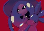  93fuzhi black_sclera blurry closed_mouth colored_sclera hatterene highres looking_at_viewer pokemon red_background shiny simple_background symbol-only_commentary upper_body white_eyes 