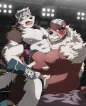 2boys abs ainu_clothes animal_ears bara bear_ears blush brown_fur bulge chest_hair facepaint furry furry_male green_eyes grey_fur grey_hair headband highres horkeu_kamui kimun_kamui large_pectorals male_focus multicolored_hair multiple_boys muscular muscular_male nipples pectorals saliva scar scar_on_face scar_on_mouth short_hair stomach sweat tail thick_thighs thighs tokyo_afterschool_summoners topless_male two-tone_fur two-tone_hair white_fur white_hair wolf_ears wolf_tail wrestle_tiger46 wrestling wrestling_ring 