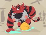  5_fingers abs anthro big_bulge big_muscles big_nipples bodily_fluids bulge chest_tuft clothed clothing exercise fingers fur green_eyes hi_res huge_bulge hyper hyper_bulge incineroar looking_at_viewer male muscular muscular_anthro muscular_male nintendo nipples pecs pink_nipples pok&eacute;mon pok&eacute;mon_(species) push-up red_body red_fur solo spacebrute stripes sweat teeth tuft underwear underwear_only video_games workout workout_equipment yellow_sclera 