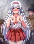  1girl 2boys absurdres blurry blurry_background blush breasts brown_eyes cleavage closed_mouth commission cowboy_shot embarrassed hairband hakama hakama_short_skirt hakama_skirt highres japanese_clothes kantai_collection large_breasts long_hair looking_at_viewer looking_to_the_side multiple_boys no_bra nose_blush red_hairband red_hakama shoukaku_(kancolle) skirt solo_focus white_hair zanntetu 