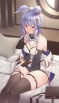  1girl animal_ears between_breasts blue_hair blush breasts detached_sleeves ears_down erune gloves granblue_fantasy hat highres keima_ron medium_breasts on_bed purple_eyes skindentation strap_between_breasts thick_thighs thigh_strap thighhighs thighs tikoh white_gloves 