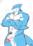  abs anthro biceps blue_body blue_tail deltoids fin fish forearm_muscles genitals humanoid_genitalia humanoid_penis looking_aside male marine multicolored_body muscular muscular_anthro muscular_male navel nipples pecs penis pubes red_eyes shark smile soji_gr solo standing two_tone_body v-cut white_body 