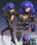  2girls :d arm_cannon bangs blue_eyes blue_hair breasts bright_pupils cleavage commentary cyborg dark-skinned_female dark_skin doom_(series) energy_gun english_commentary food gradient gradient_background grin hair_intakes hair_over_one_eye headphones highres large_breasts light_blue_eyes light_blue_hair long_hair looking_at_viewer mecha_musume mechanical_arms mechanical_legs multicolored_hair multiple_girls multiple_views musical_note one_eye_covered open_mouth personification plasma_rifle popsicle red_hair simple_background smile streaked_hair substance20 two-tone_hair w waving weapon 