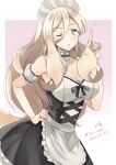  1girl alternate_costume apron black_dress blonde_hair blue_eyes blush breasts cleavage collarbone dated dress enmaided highres index_finger_raised kantai_collection large_breasts long_hair maid maid_apron maid_headdress mole mole_under_eye mole_under_mouth one-hour_drawing_challenge one_eye_closed open_mouth richelieu_(kancolle) signature solo toriniku_senshi_chikinman twitter_username waist_apron white_apron 