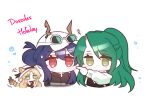  3girls animal_ears arknights bangs baseball_cap black_jacket blonde_hair blue_hair blush_stickers brown_eyes ch&#039;en_(arknights) character_request cheek_poking chibi commentary cropped_torso ears_through_headwear english_commentary eyebrows_visible_through_hair eyewear_on_headwear green_hair hair_between_eyes hair_bun hat horns horns_through_headwear hoshiguma_(arknights) jacket long_hair long_sleeves multiple_girls parted_bangs poking ponytail red_eyes shirt simple_background single_horn sweat tail to_mybeloved upper_body white_background white_headwear white_shirt 