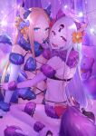 2girls abigail_williams_(fate) absurdres animal_ears back bangs bare_shoulders blonde_hair blue_eyes blush bow braid braided_bun breasts colored_skin cosplay double_bun elbow_gloves fate/grand_order fate_(series) forehead fur-trimmed_gloves fur-trimmed_legwear fur_collar fur_trim gloves highres keyhole kubomi_943 lace-trimmed_legwear lace_trim long_hair looking_at_viewer looking_back mash_kyrielight mash_kyrielight_(dangerous_beast) mash_kyrielight_(dangerous_beast)_(cosplay) multiple_girls navel o-ring open_mouth parted_bangs purple_gloves purple_legwear red_eyes revealing_clothes sitting small_breasts smile stuffed_animal stuffed_toy tail teddy_bear thighs third_eye tongue tongue_out twintails wariza white_hair white_skin wolf_ears wolf_tail 