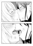  2girls blush close-up closed_eyes commentary_request ear_piercing eyebrows_visible_through_hair face-to-face greyscale heavy_breathing highres kiss monochrome multiple_girls open_mouth original piercing teeth tongue upper_teeth yui_7 yuri 