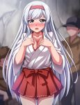  1girl 2boys absurdres blurry blurry_background blush brown_eyes commentary_request cowboy_shot embarrassed hairband hakama hakama_short_skirt hakama_skirt highres japanese_clothes kantai_collection long_hair looking_at_viewer multiple_boys nose_blush open_mouth red_hairband red_hakama shoukaku_(kancolle) skirt solo_focus white_hair zanntetu 