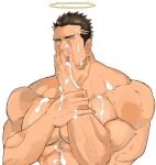 1boy bara completely_nude cum cum_on_body cum_on_boy cum_on_pectorals facial halo implied_yaoi large_pectorals licking licking_cum licking_hand long_sideburns looking_at_viewer male_focus mature_male muscular muscular_male nude pectorals short_hair sideburns solo souyata0502 stuffed_toy tokyo_afterschool_summoners tongue tongue_out upper_body zabaniya_(housamo) 