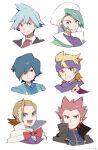  6+boys blonde_hair brown_hair cape closed_mouth commentary_request eusine_(pokemon) falkner_(pokemon) green_hair grey_hair gu_1156 hat headband highres jacket lance_(pokemon) looking_at_viewer morty_(pokemon) multiple_boys pokemon pokemon_(game) pokemon_hgss pokemon_oras purple_eyes purple_headband purple_scarf red_hair scarf short_hair smile spiked_hair steven_stone wallace_(pokemon) white_cape white_headwear 