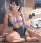 1girl absurdres anklet bare_shoulders barefoot black_hair bra breasts brown_eyes cleavage dumbbell feet floor gym_uniform hair_ornament hairclip hani_haya highres ijiranaide_nagatoro-san indoors jewelry knees light_rays looking_at_viewer medium_breasts messy_hair midriff nagatoro_hayase on_floor shiny shiny_skin shoes shoes_removed sitting smirk sweat sweaty_clothes thighs third-party_source underwear weights wet wooden_floor 