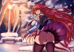  1girl blue_eyes blush breasts clothes_lift high_school_dxd large_breasts long_hair looking_at_viewer open_mouth red_hair rias_gremory skirt skirt_lift sleesart solo thighhighs underwear very_long_hair 