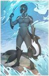  2021 anthro beach cetacean clothing delphinoid detailed_background featureless_crotch full-length_portrait glowing glowing_eyes male mammal marine nude portrait sea seaside solo spirit standing talu_lupus_(artist) toothed_whale water wave 