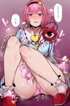  1girl blush hairband heart highres komeiji_satori legs_together panties pantyshot pink_eyes pink_hair pink_panties skirt slippers socks speech_bubble starraisins third_eye touhou translated underwear 