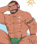  1boy abs bara beard blush bulge chest_hair cum cum_on_body cum_on_boy cum_on_pectorals dark-skinned_male dark_skin facial_hair feet_out_of_frame glasses glensaru graves_(league_of_legends) green_male_swimwear highres implied_yaoi large_pectorals league_of_legends looking_at_viewer male_focus male_swimwear mature_male muscular muscular_male navel navel_hair nipples official_alternate_costume pectorals short_hair solo stomach swim_briefs thick_thighs thighs topless_male 