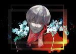  1boy bangs black_background closed_mouth colored_skin cropped_head flower grey_hair hand_on_own_throat hands_up heterochromia highres kaneki_ken kyuuba_melo male_focus red_background red_eyes red_skin short_hair solo tokyo_ghoul white_flower 