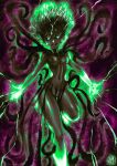  1girl alternate_form black_sclera breasts colored_sclera colored_skin colorized creature curvy energy glowing glowing_eyes green_eyes grey_skin highres monster_girl monsterification one-punch_man simple_background small_breasts solo tatsumaki tentacles the_golden_smurf thighs 