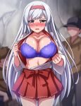  1girl 2boys absurdres blue_bra blurry blurry_background blush bra breasts brown_eyes cleavage commission cowboy_shot embarrassed frilled_bra frills hairband hakama hakama_short_skirt hakama_skirt highres japanese_clothes kantai_collection large_breasts long_hair looking_at_viewer multiple_boys nose_blush open_mouth red_hairband red_hakama shoukaku_(kancolle) skirt solo_focus underwear white_hair zanntetu 
