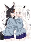  2girls ahoge animal_ear_fluff animal_ears bangs black_hair blue_skirt blue_sweater blush braid cheek-to-cheek closed_eyes commentary_request earrings eyebrows_visible_through_hair fox_ears fox_girl fox_tail green_eyes hair_between_eyes hair_ornament hairclip heads_together heart hibarino_tuyuri highres hololive hug jewelry long_hair looking_at_viewer multicolored_hair multiple_girls ookami_mio open_mouth plaid plaid_skirt red_hair shirakami_fubuki sidelocks simple_background single_braid skirt streaked_hair sweatdrop sweater tail translation_request twitter_username virtual_youtuber white_background white_hair wolf_ears wolf_girl wolf_tail yuri 