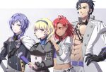  2boys 2girls :d abs balthus_von_albrecht black_hair black_shirt blonde_hair blue_eyes blue_hairband border brown_eyes coat constance_von_nuvelle crop_top dark-skinned_female dark_skin dress_shirt drill_hair fire_emblem fire_emblem:_three_houses gauntlets gradient gradient_background grey_background hair_over_shoulder hairband hand_on_another&#039;s_shoulder hand_on_hip hapi_(fire_emblem) highres holding jacket letterboxed lolita_fashion long_hair long_sleeves midriff multiple_boys multiple_girls navel open_clothes open_coat open_jacket purple_hair red_eyes red_hair shinae shiny shiny_hair shirt short_hair short_hair_with_long_locks shoulder_cape smile standing stomach straight_hair twin_drills underbust white_border white_coat white_jacket yuri_leclerc 