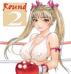  1girl bare_shoulders bikini blonde_hair blush boxing boxing_gloves boxing_ring breasts brown_eyes collarbone covered_nipples ko@ri large_breasts lips long_hair looking_at_viewer original smile sweat sweaty_clothes swimsuit twintails wet wet_clothes white_background 