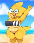  alphys anthro beach big_breasts bodily_fluids breasts breath buckteeth clothing eyes_closed eyewear female freckles glasses gris_swimsuit hand_behind_head hi_res lizard navel open_mouth reptile scales scalie seaside solo somescrub stretching sweat swimwear teeth thick_thighs tongue undertale undertale_(series) video_games wide_hips yellow_body yellow_scales 