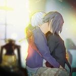  1boy 1girl bangs black_hair black_shirt blurry blurry_background blurry_foreground brown_skirt colored_skin couple from_side grey_hair hair_over_eyes hetero hug jacket kaneki_ken kirishima_touka kyuuba_melo lamp long_sleeves open_clothes open_jacket purple_jacket red_skin shirt short_hair sitting skirt teardrop tears tokyo_ghoul tokyo_ghoul:re 