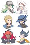  6+boys baseball_cap black_hair blonde_hair blue_eyes blue_headwear blue_jacket closed_mouth coat collared_shirt commentary_request dark-skinned_male dark_skin earrings emmet_(pokemon) green_hair grimsley_(pokemon) gu_1156 hat highres hood hood_down hoodie jacket jewelry long_hair multiple_boys n_(pokemon) necktie parted_lips pokemon pokemon_(game) pokemon_bw pokemon_dppt pokemon_swsh raihan_(pokemon) riley_(pokemon) scarf shirt short_hair smile spiked_hair undershirt volkner_(pokemon) white_coat white_headwear white_shirt yellow_scarf 