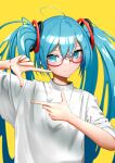  1girl absurdres ahoge aqui2002 blue_eyes blue_hair closed_mouth commentary english_commentary finger_frame glasses hatsune_miku highres long_hair looking_at_viewer red-framed_eyewear semi-rimless_eyewear shirt simple_background sleeves_rolled_up smile solo twintails under-rim_eyewear upper_body vocaloid white_shirt yellow_background 
