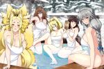  5girls ahoge animal_ears ass blonde_hair bow braid braided_ponytail breasts brown_hair cleavage collarbone earrings fox_ears fox_tail grayfia_lucifuge grey_eyes grey_hair hair_bow high_school_dxd hyoudo_miki jewelry kyuubi lady_phenex large_breasts lindaroze long_hair looking_at_viewer multiple_girls multiple_tails naked_towel onsen ponytail purple_eyes tail thighs towel venelana_gremory yasaka_(high_school_dxd) yellow_eyes 