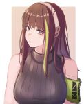  1girl 3_small_spiders absurdres bangs bare_shoulders black_sweater_vest breasts brown_eyes brown_hair closed_mouth eyebrows_visible_through_hair girls&#039;_frontline headset highres long_hair looking_at_viewer m4a1_(girls&#039;_frontline) medium_breasts multicolored_hair simple_background solo sweater_vest upper_body 