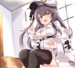  1girl acchii_(akina) azur_lane bed black_legwear breasts coat coat_dress ear_cleaning eyebrows_visible_through_hair hair_between_eyes highres indoors lap_pillow lap_pillow_invitation large_breasts long_hair on_bed open_mouth padded_coat pamiat_merkuria_(azur_lane) red_eyes russian_clothes seiza side_ponytail sitting sitting_on_bed sunlight thighhighs white_coat white_headwear window 