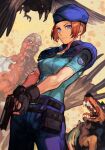  1girl armor beige_background belt beret bird bird_wings black_belt black_gloves blue_eyes blue_pants blue_shirt bracer breasts brown_hair buckle clothes_writing dog emblem gloves gun hand_up handgun hat holding holding_gun holding_weapon hungry_clicker jill_valentine legs_apart loose_belt medium_breasts multiple_belts pants parted_lips pistol police police_uniform policewoman pouch resident_evil shirt short_hair short_sleeves shoulder_pads simple_background solo standing star_(symbol) sweatdrop teeth traditional_media trigger_discipline uniform weapon wings zombie 