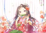  1girl bit_gag blue_ribbon brown_hair emo_(ricemo) flower gag gradient_hair green_hakama hair_flower hair_ornament hair_ribbon hakama haori japanese_clothes kamado_nezuko kimetsu_no_yaiba kimono long_hair looking_at_viewer multicolored_hair pink_kimono pink_ribbon red_eyes red_flower red_hair ribbon shiny shiny_hair sitting solo striped striped_background very_long_hair white_background 