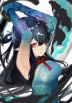  1girl absurdres ao_oni_(onioni-aoi) arknights armpits arms_up black_hair blue_dress blue_hair blue_skin breasts bright_pupils colored_skin dragon_horns dress dusk_(arknights) dusk_(everything_is_a_miracle)_(arknights) gradient_skin hair_over_one_eye highres holding holding_sword holding_weapon horns ink looking_at_viewer medium_breasts multicolored_hair official_alternate_costume parted_lips red_eyes sleeveless sleeveless_dress solo streaked_hair sword two-tone_hair weapon 